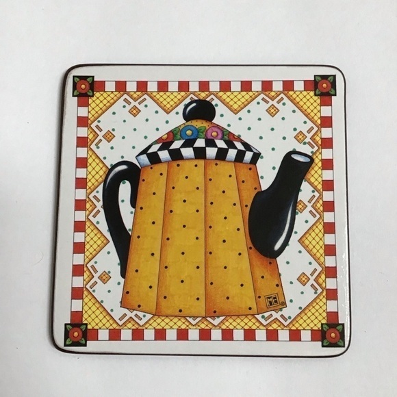 Mary Engelbreit Teapot Coasters Cork Back 4” Square Box SET OF 6 Vintage Cottage - Picture 6 of 16